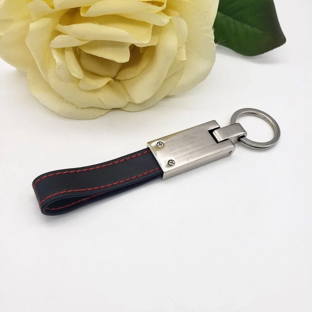 Jaguar Land Rover Chrome and Black Leather Strap Key Chain Fob Luxury Car